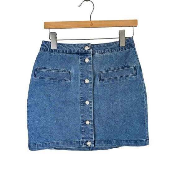 House of Harlow 1960 Skirt 4 Mini Denim Jean Faux Pearl Button 90s Y2K Fairy NWT - Picture 1 of 8